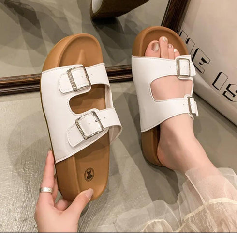 Double Buckle Open Toe Wedge Slide On